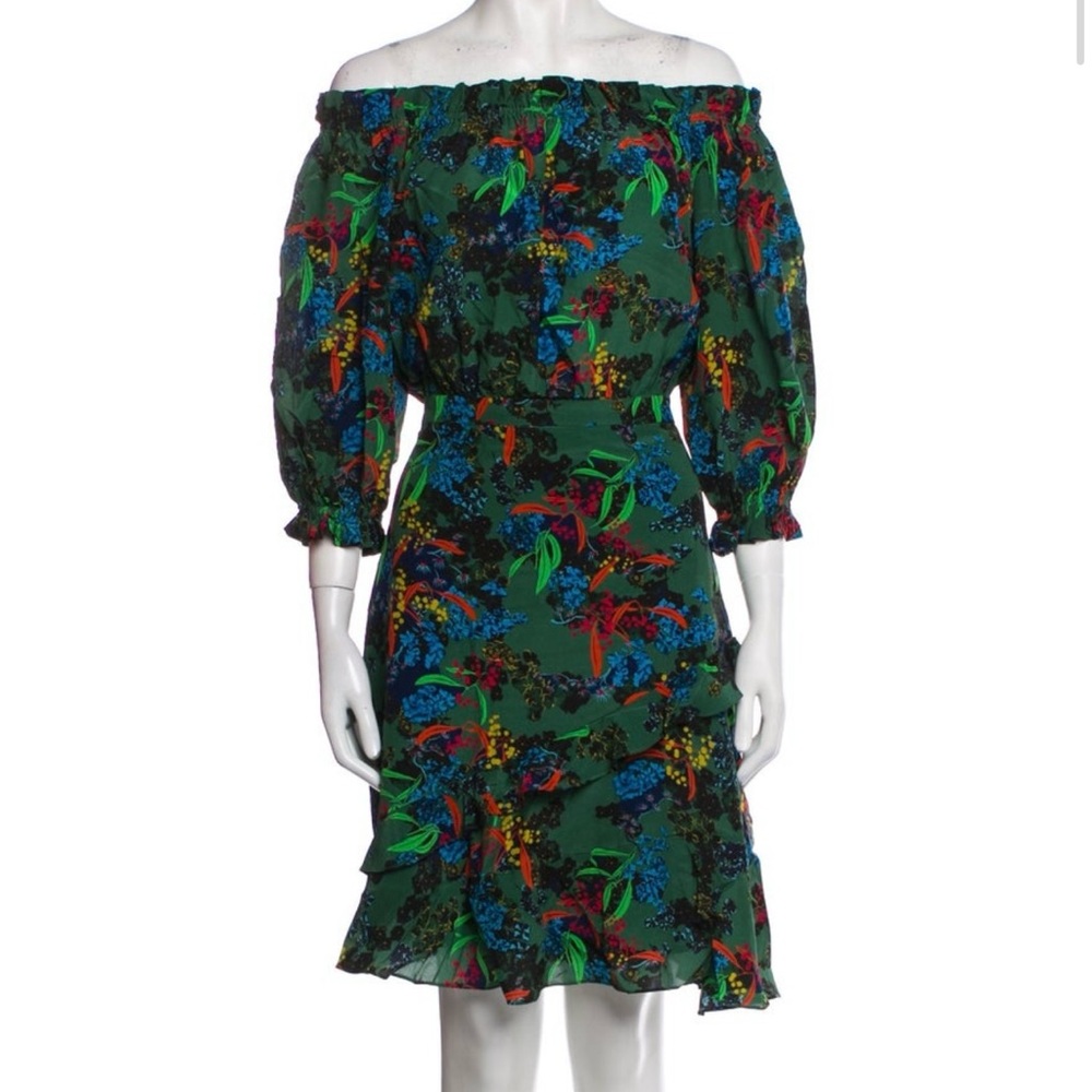 Saloni Silk Floral Print Ruffle Midi Dress Off Shoulder Size 4 Puffy 3/4 Sleeves
